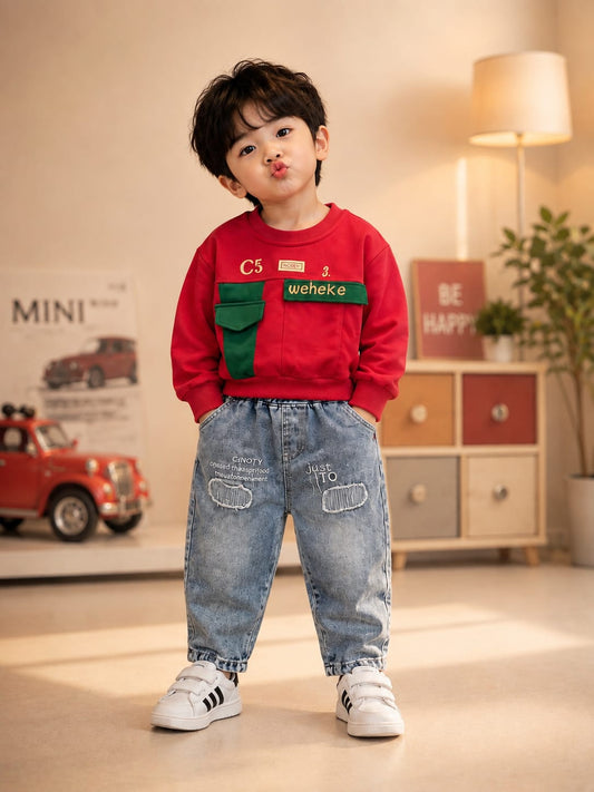 Boys Red Printed Sweatshirt with Light Blue Denim Jeans Set | 2-Piece Set | Sizes 18-26