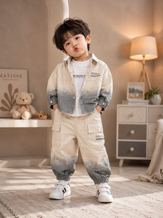 Boys White & Grey Ombre Jacket with T-Shirt & Cargo Jogger Set | 3-Piece Set | Sizes 18-26