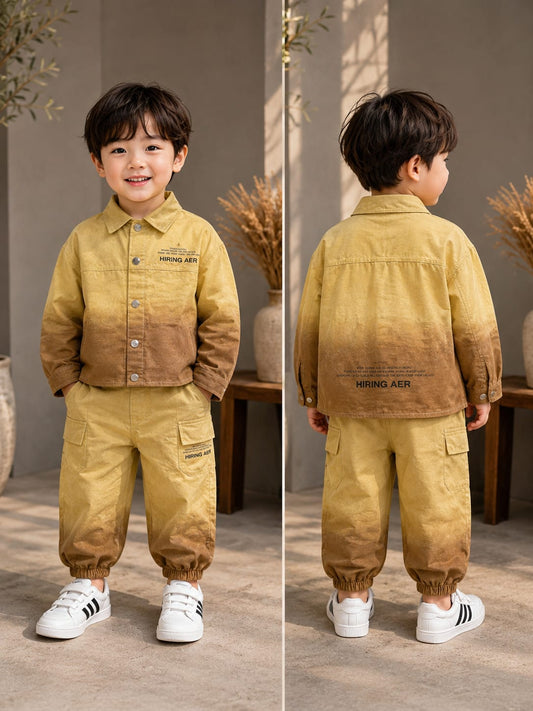 Boys Mustard Yellow Jacket with T-Shirt & Cargo Jogger Set | 3-Piece Set | Sizes 18-26
