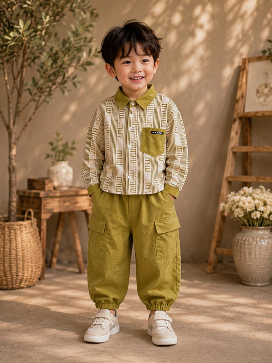 Boys Olive Green Printed Shirt with Cargo Jogger Set | 2-Piece Set | Sizes 18-26