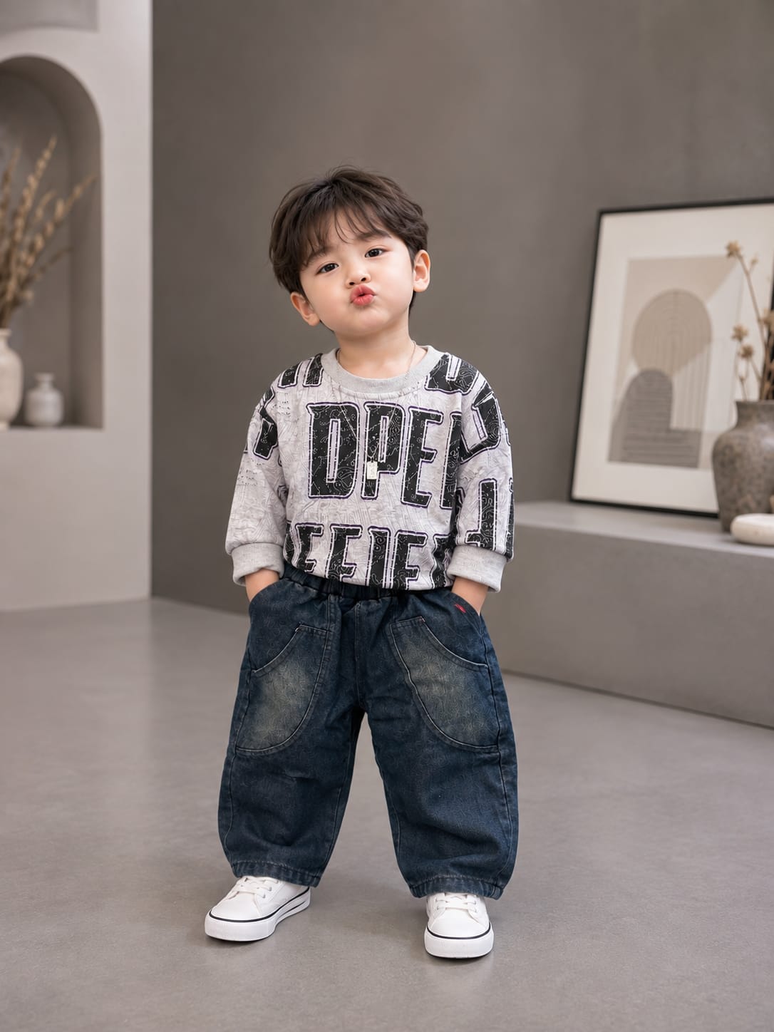 Boys Grey Printed Sweatshirt with Dark Blue Denim Jogger Set | 2-Piece Set | Sizes 18-26
