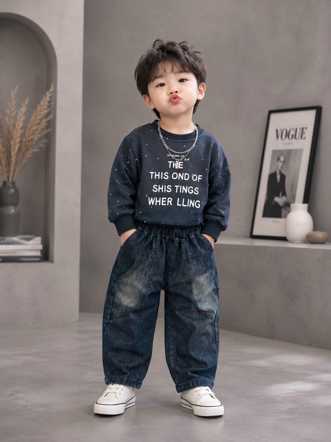 Boys Navy Blue Printed Sweatshirt with Black Denim Jogger Set | 2-Piece Set | Sizes 18-26