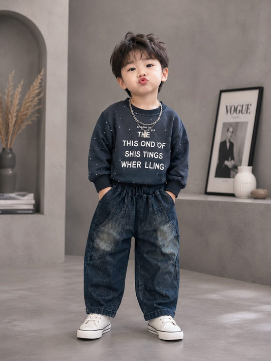 Boys Navy Blue Printed Sweatshirt with Black Denim Jogger Set | 2-Piece Set | Sizes 18-26
