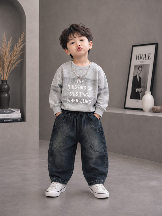 Boys Grey Printed Sweatshirt with Black Denim Jogger Set | 2-Piece Set | Sizes 18-26