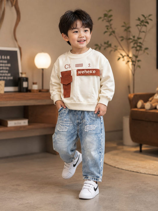 Boys White Sweatshirt with Light Blue Denim Jogger Set | Trendy 2-Piece Outfit | Sizes 18-26