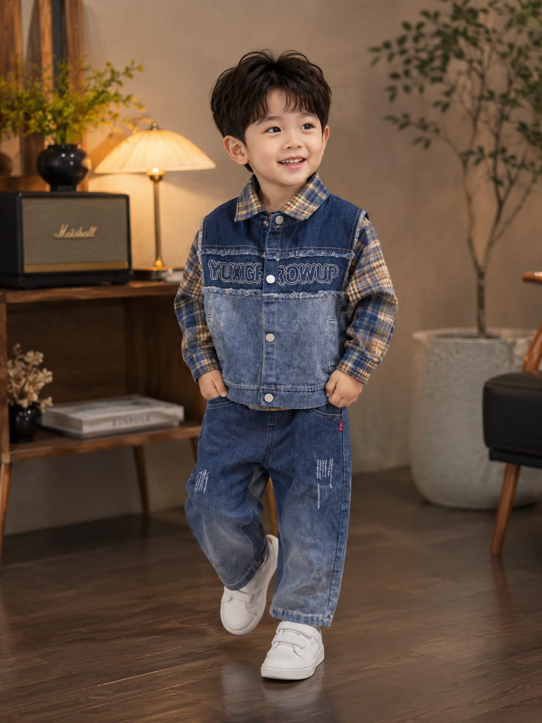 Boys 3-Piece Denim Set | Checkered Shirt, Denim Jacket & Jeans | Trendy Kids Outfit | Size 18-26