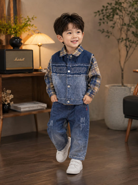 Boys 3-Piece Denim Set | Checkered Shirt, Denim Jacket & Jeans | Trendy Kids Outfit | Size 18-26