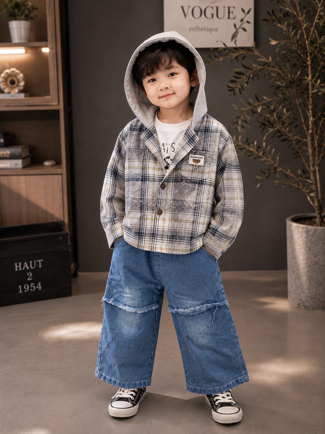 Boys 3-Piece Checkered Jacket Set | Hooded Shirt Jacket, T-Shirt & Wide-Leg Denim | Sizes 18-26