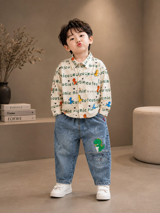 Boys 2-Piece Printed Shirt & Denim Jeans Set | Cute Dinosaur Print Outfit | Sizes 18-26