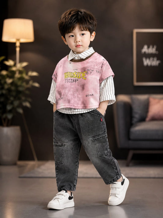 Boys 3-Piece Pink Printed T-Shirt & Shirt with Cargo Denim Set | Trendy Kids Outfit | Sizes 18-26
