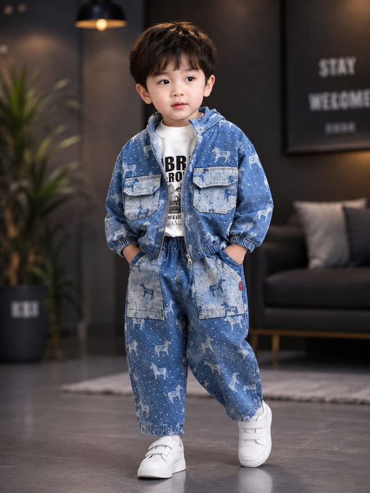 Boys 3-Piece Denim Jacket & Printed Jeans Set | T-Shirt, Denim Jacket & Pants | Sizes 18-26