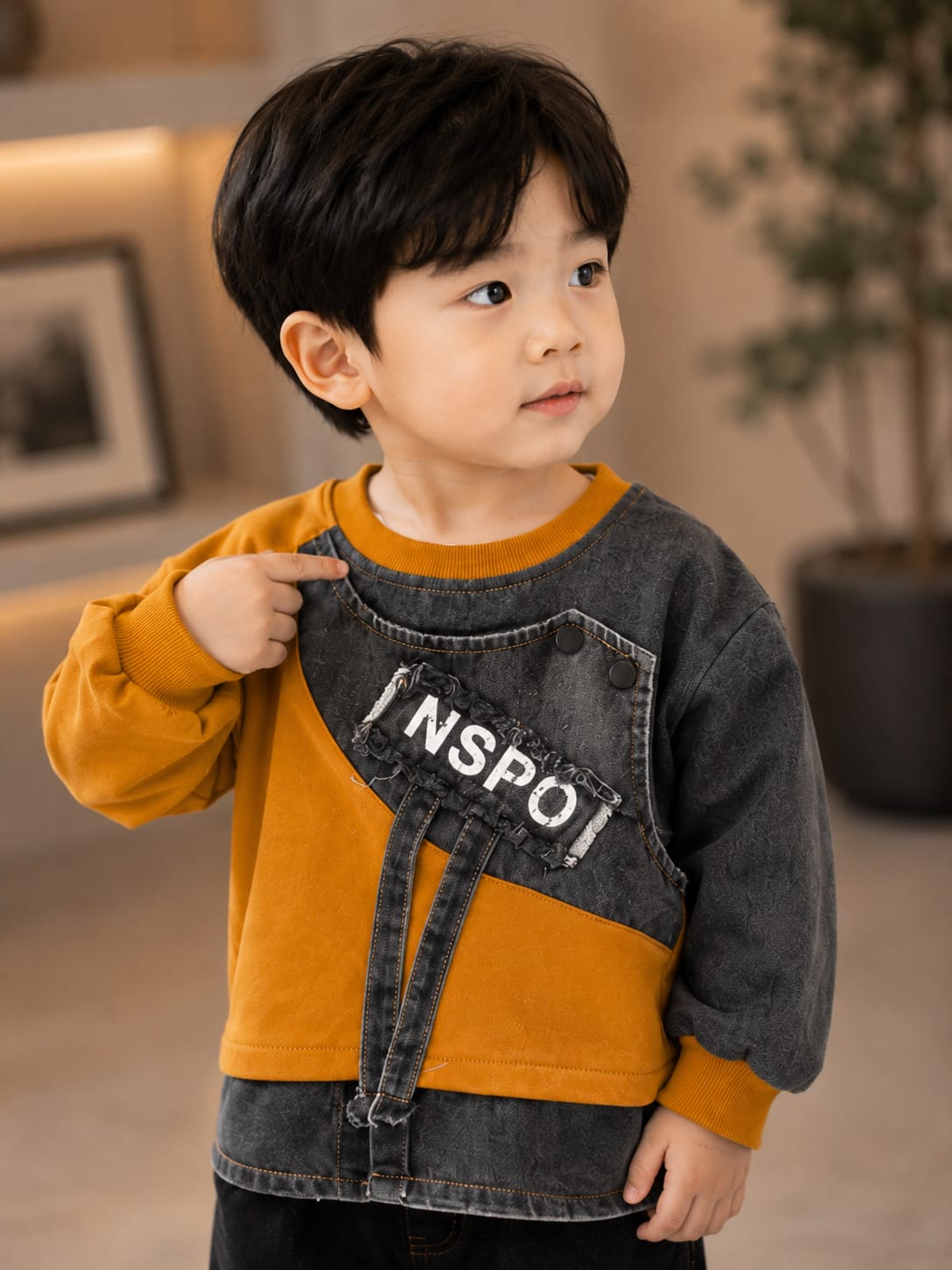 Boys Premium Denim Style Sweatshirt | Mustard & Black Trendy Kidswear | Sizes 18-26