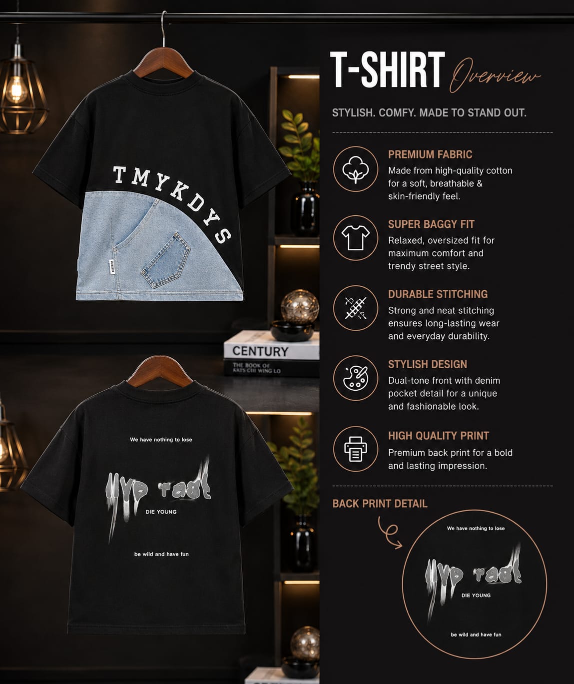 Stylish Denim Panel “TMYKDS” T-Shirt