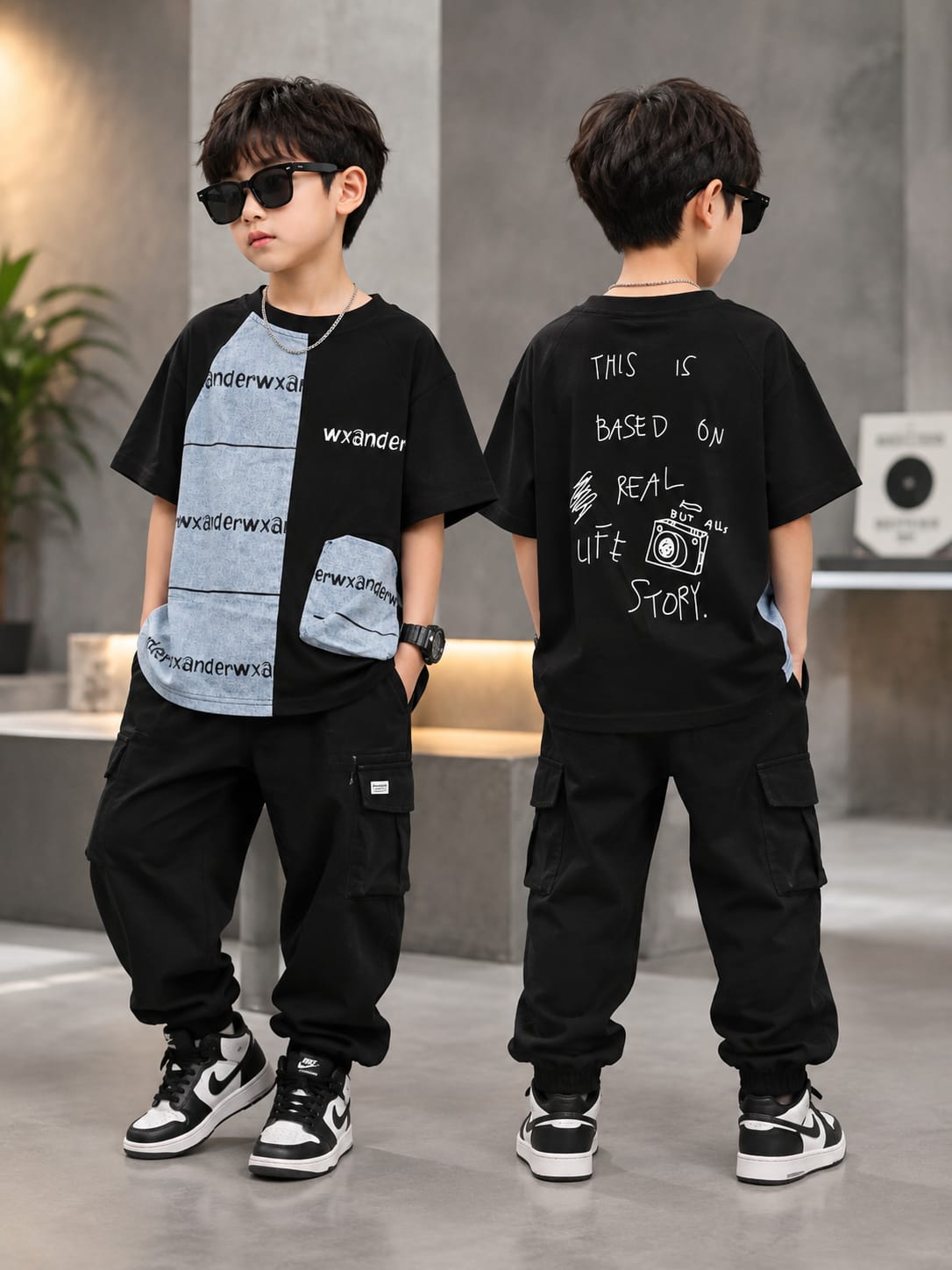 Boys Black & Denim Patchwork Graphic T-Shirt