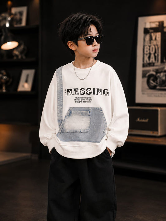 White Denim Patch Sweatshirt for Kids | Stylish Full Sleeve Graphic Sweatshirt with Denim Pocket & Strap Detail | Korean-Inspired Casual Winter Wear