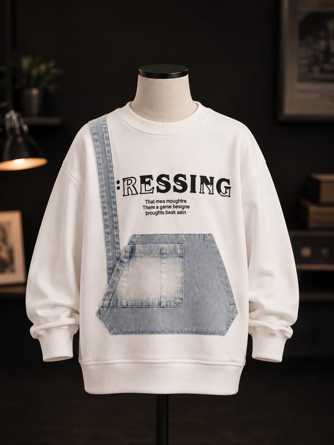 White Denim Patch Sweatshirt for Kids | Stylish Full Sleeve Graphic Sweatshirt with Denim Pocket & Strap Detail | Korean-Inspired Casual Winter Wear