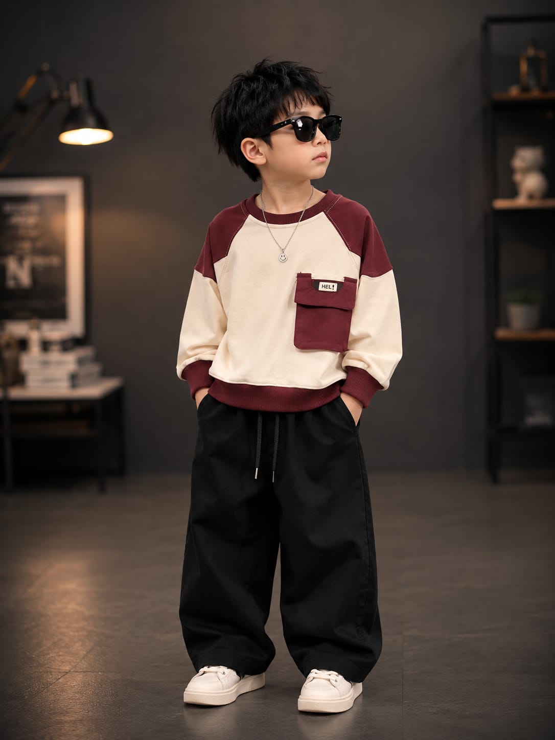 Maroon & Cream Raglan Sweatshirt for Kids | Stylish Color Block Full Sleeve Sweatshirt with Front Utility Pocket | Korean-Inspired Casual Winter Wear