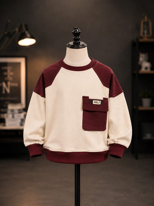 Maroon & Cream Raglan Sweatshirt for Kids | Stylish Color Block Full Sleeve Sweatshirt with Front Utility Pocket | Korean-Inspired Casual Winter Wear