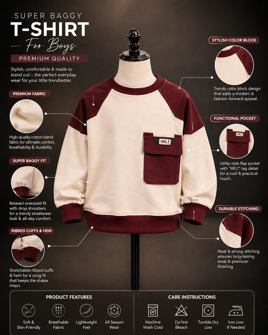 Maroon & Cream Raglan Sweatshirt for Kids | Stylish Color Block Full Sleeve Sweatshirt with Front Utility Pocket | Korean-Inspired Casual Winter Wear