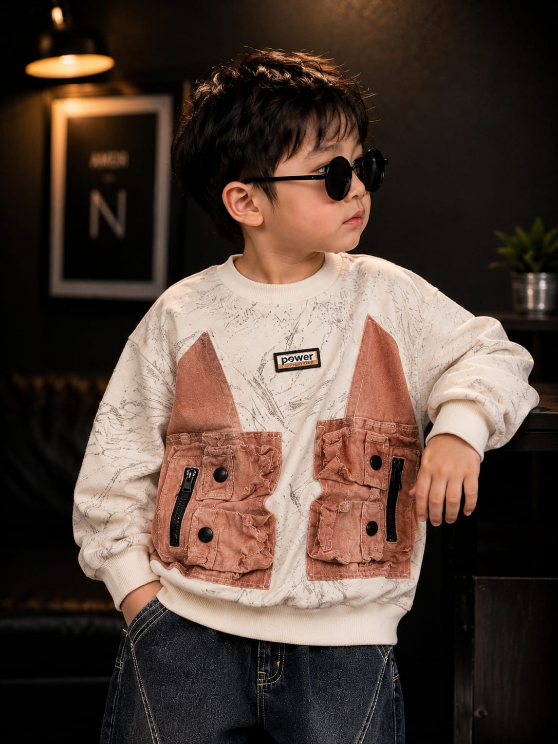 Kids Premium Cream Printed Cargo Pocket Sweatshirt | Trendy Full Sleeve Utility Style Winter Sweatshirt for Boys