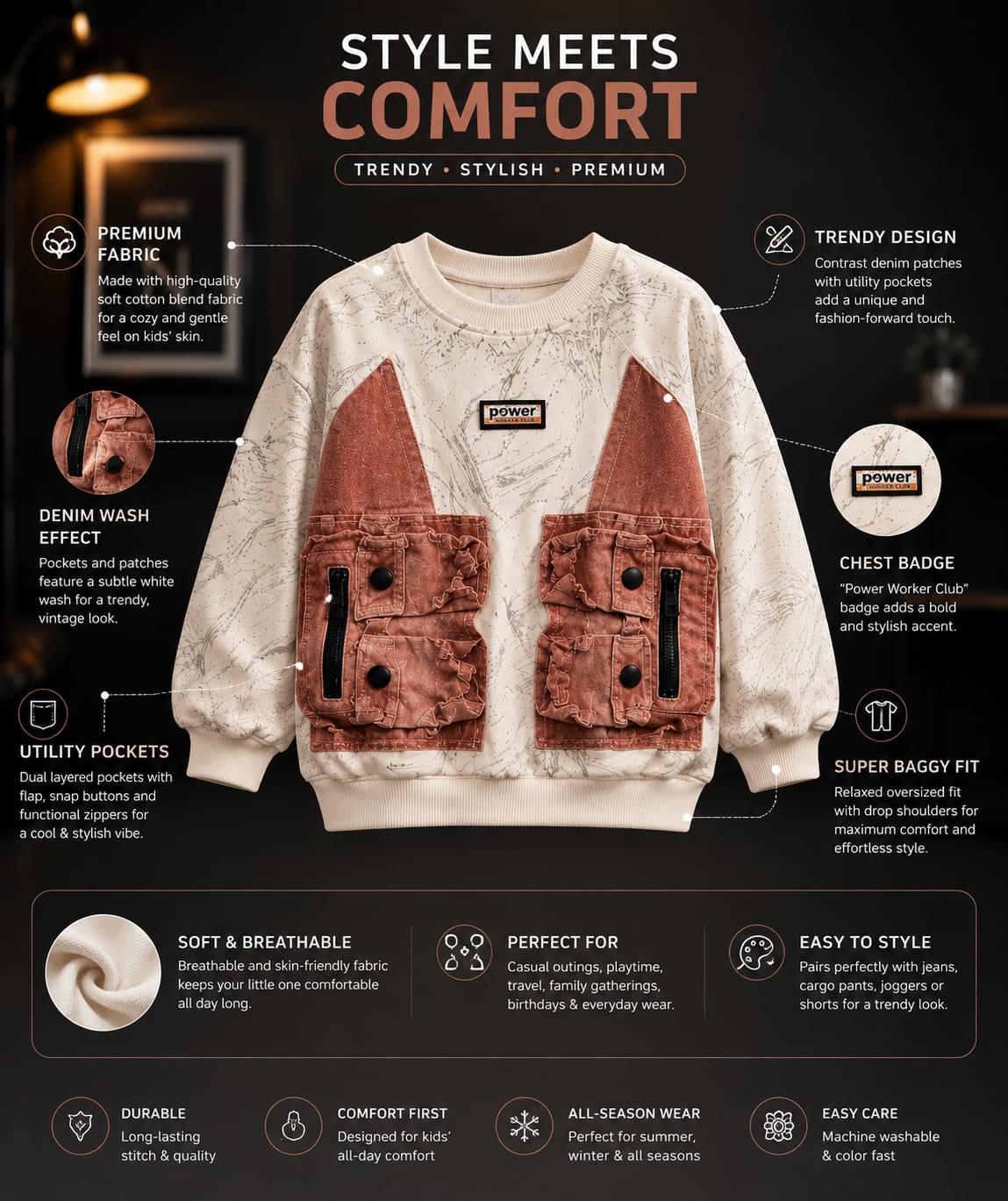 Kids Premium Cream Printed Cargo Pocket Sweatshirt | Trendy Full Sleeve Utility Style Winter Sweatshirt for Boys