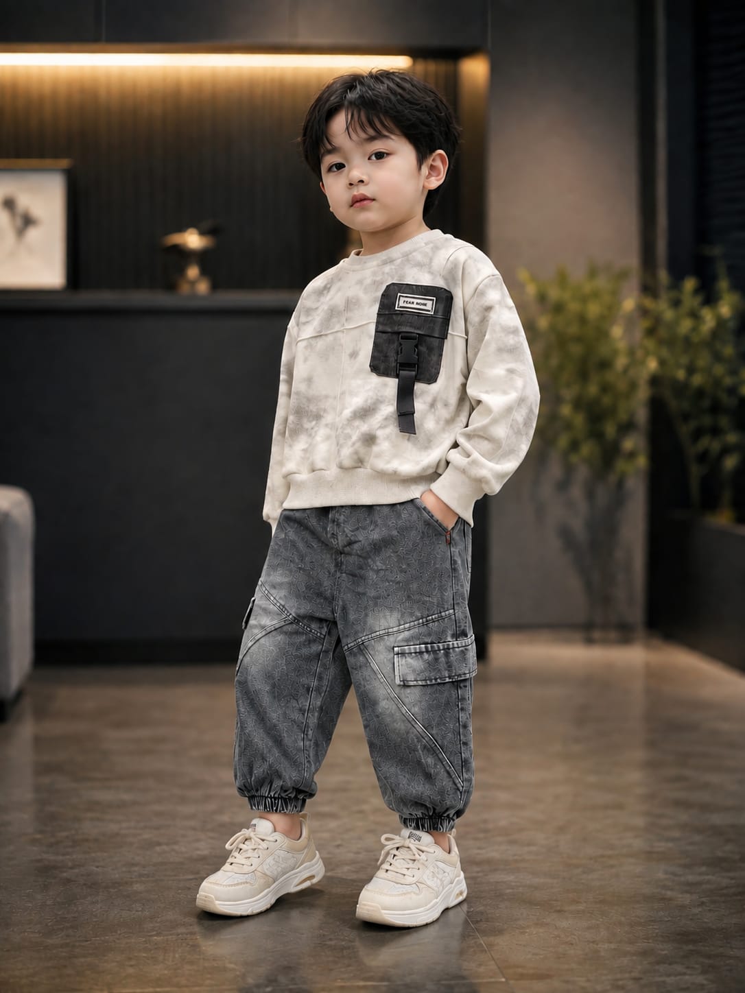 Product Title  Boys Premium Beige & Grey 2 Pcs Cord Set – Sweatshirt with Cargo Jogger Pants | Casual Wear | Size 18–26