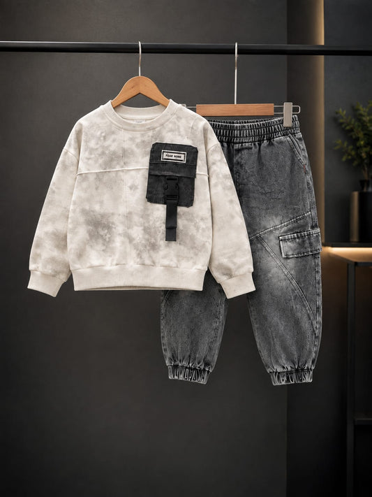 Product Title  Boys Premium Beige & Grey 2 Pcs Cord Set – Sweatshirt with Cargo Jogger Pants | Casual Wear | Size 18–26