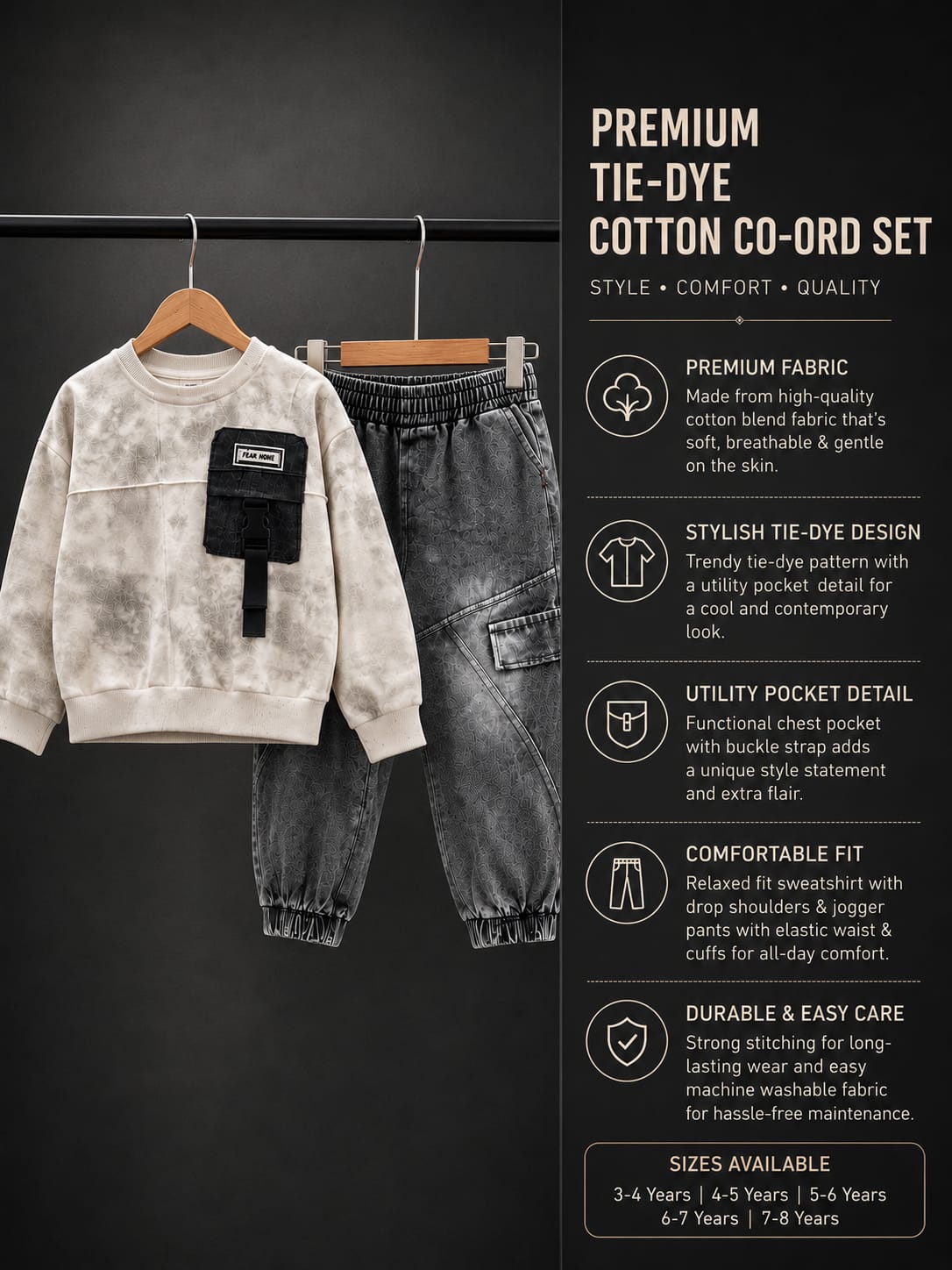 Product Title  Boys Premium Beige & Grey 2 Pcs Cord Set – Sweatshirt with Cargo Jogger Pants | Casual Wear | Size 18–26