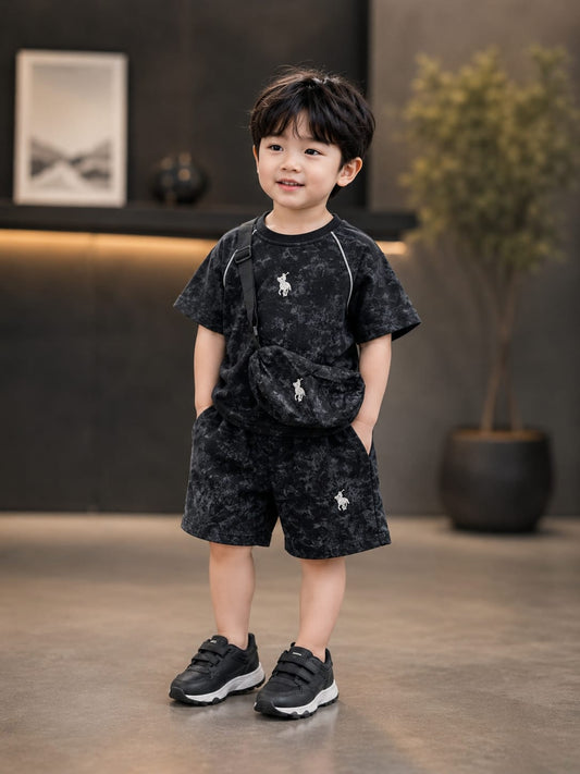Boys Black Printed Half Cord Set with Sling Bag | Trendy Korean Streetwear T-Shirt & Shorts Co-Ord Set for Kids | Stylish Casual Outfit | 1–6 Years