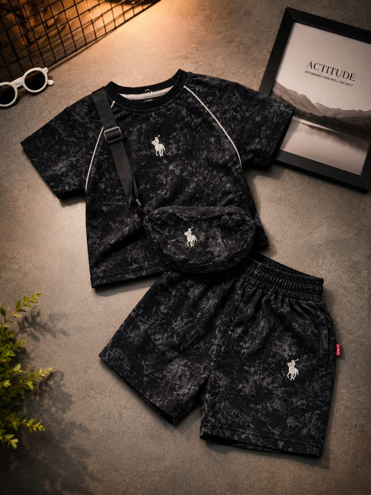Boys Black Printed Half Cord Set with Sling Bag | Trendy Korean Streetwear T-Shirt & Shorts Co-Ord Set for Kids | Stylish Casual Outfit | 1–6 Years
