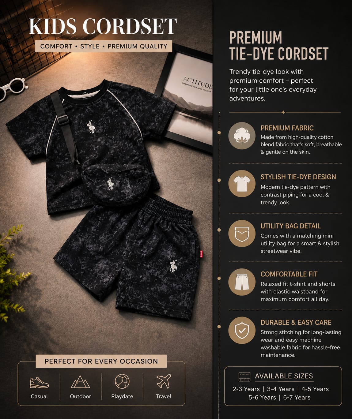 Boys Black Printed Half Cord Set with Sling Bag | Trendy Korean Streetwear T-Shirt & Shorts Co-Ord Set for Kids | Stylish Casual Outfit | 1–6 Years