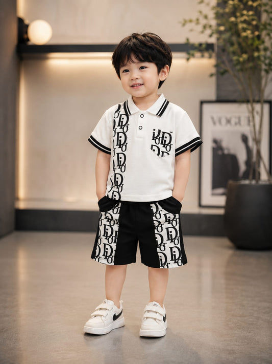 Boys Black & White Printed Polo Co-Ord Set | Korean Style T-Shirt & Shorts Set for Kids | Trendy Casual Summer Outfit | 1–6 Years