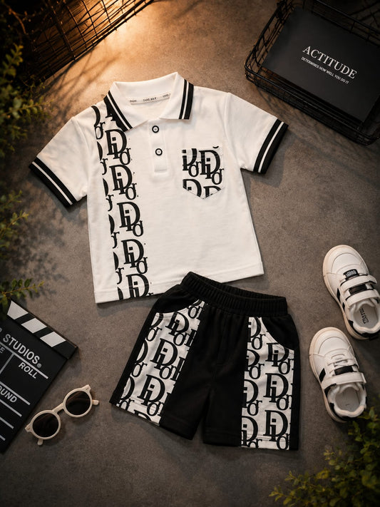 Boys Black & White Printed Polo Co-Ord Set | Korean Style T-Shirt & Shorts Set for Kids | Trendy Casual Summer Outfit | 1–6 Years