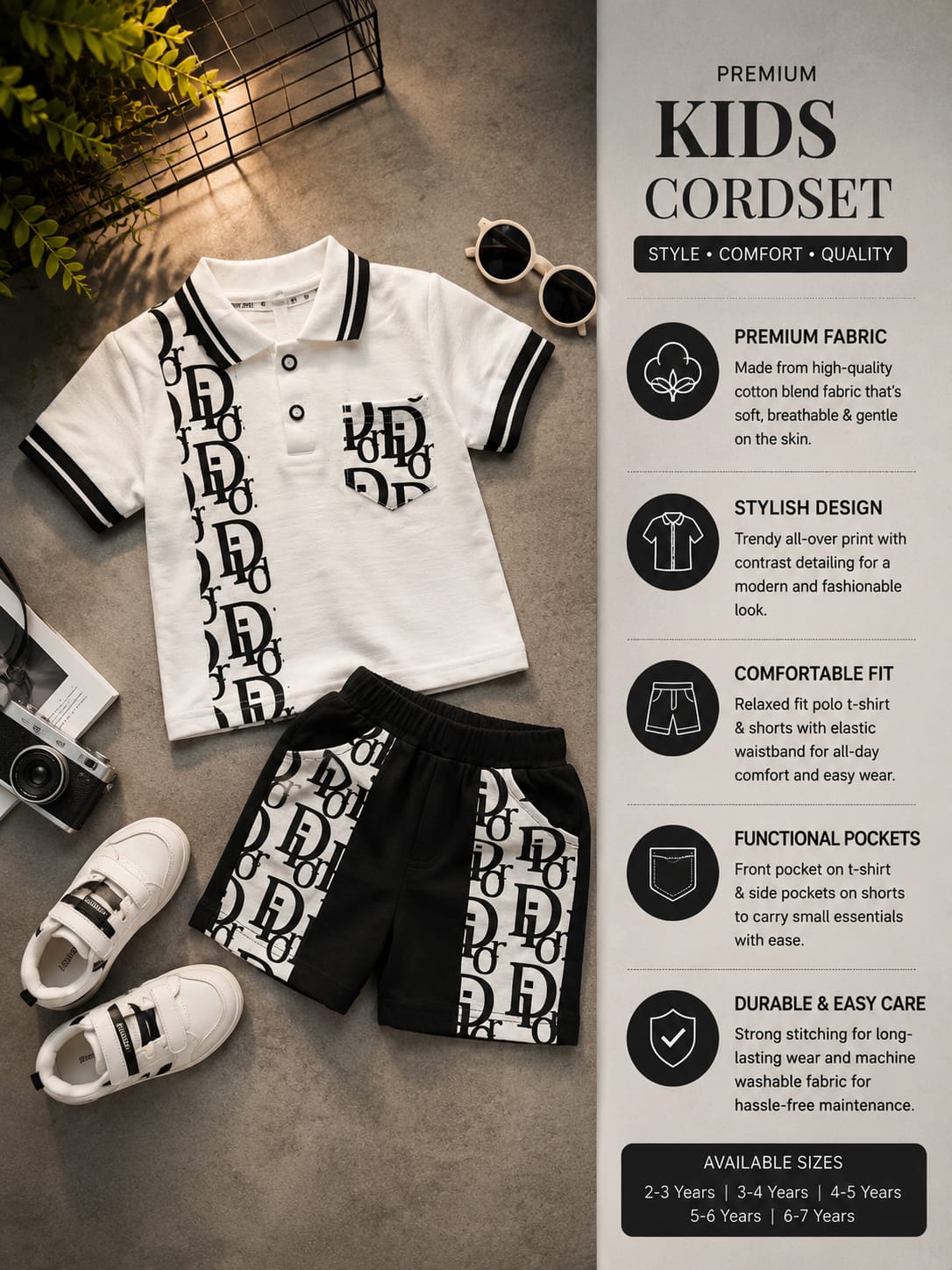 Boys Black & White Printed Polo Co-Ord Set | Korean Style T-Shirt & Shorts Set for Kids | Trendy Casual Summer Outfit | 1–6 Years