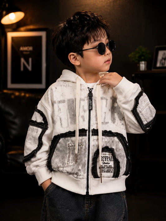 Kids Premium White Printed Denim Patch Hooded Jacket | Trendy Full Sleeve Zip-Up Hoodie Jacket with Utility Pockets & Streetwear Design for Boys