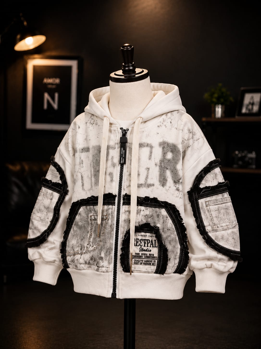 Kids Premium White Printed Denim Patch Hooded Jacket | Trendy Full Sleeve Zip-Up Hoodie Jacket with Utility Pockets & Streetwear Design for Boys