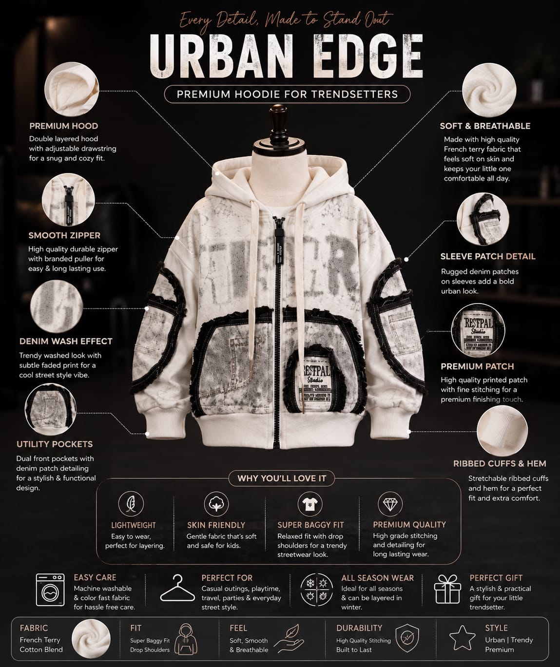 Kids Premium White Printed Denim Patch Hooded Jacket | Trendy Full Sleeve Zip-Up Hoodie Jacket with Utility Pockets & Streetwear Design for Boys