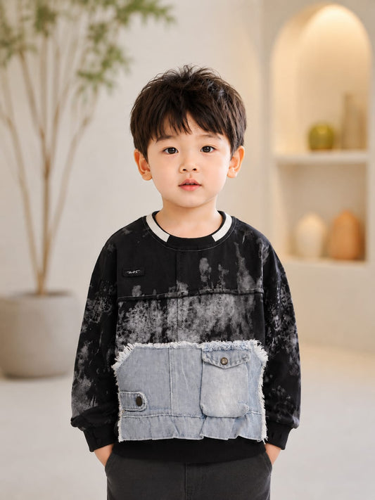 Kids Premium Black Printed Denim Pocket Sweatshirt | Trendy Full Sleeve Streetwear Sweatshirt with Front Utility Pockets for Boys