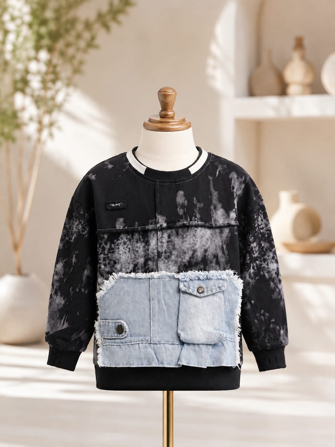 Kids Premium Black Printed Denim Pocket Sweatshirt | Trendy Full Sleeve Streetwear Sweatshirt with Front Utility Pockets for Boys