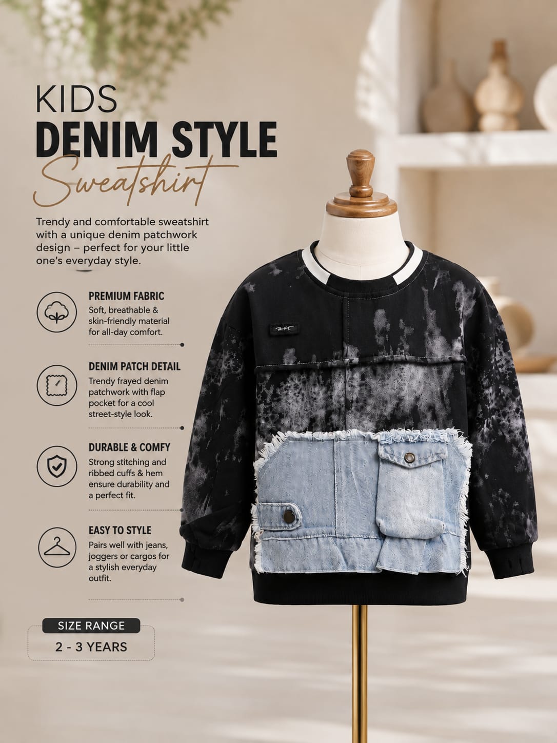 Kids Premium Black Printed Denim Pocket Sweatshirt | Trendy Full Sleeve Streetwear Sweatshirt with Front Utility Pockets for Boys