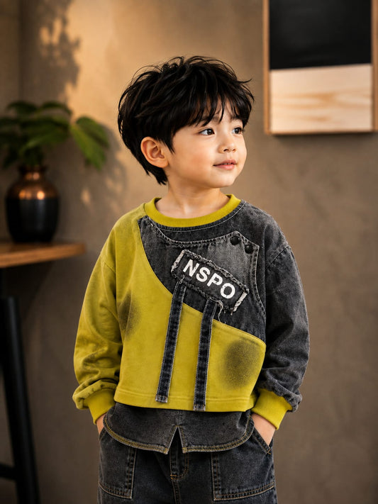 Lime Green & Denim Patch Sweatshirt for Kids | Stylish Full Sleeve Color Block Sweatshirt with Layered Denim Pocket & Strap Detail | Korean-Inspired Winter Streetwear
