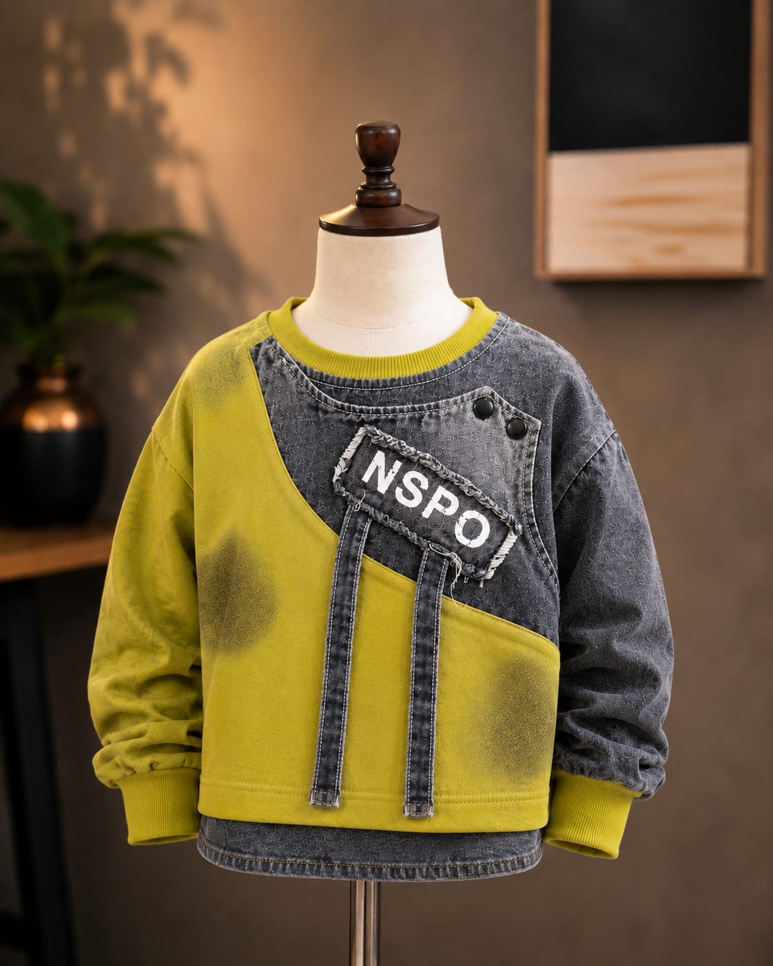 Lime Green & Denim Patch Sweatshirt for Kids | Stylish Full Sleeve Color Block Sweatshirt with Layered Denim Pocket & Strap Detail | Korean-Inspired Winter Streetwear