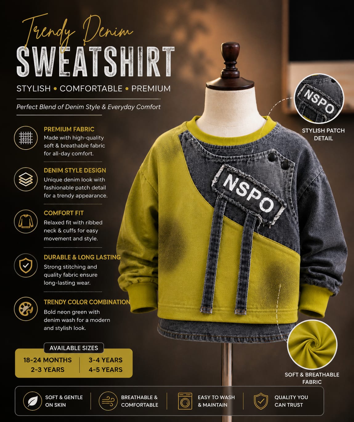 Lime Green & Denim Patch Sweatshirt for Kids | Stylish Full Sleeve Color Block Sweatshirt with Layered Denim Pocket & Strap Detail | Korean-Inspired Winter Streetwear