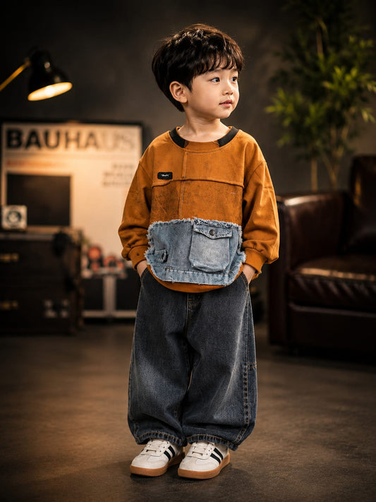 Rust Orange Denim Patch Sweatshirt for Kids | Stylish Full Sleeve Sweatshirt with Large Frayed Denim Utility Pocket | Korean-Inspired Streetwear Winter Fashion