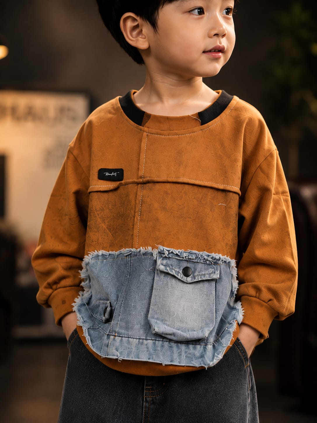 Rust Orange Denim Patch Sweatshirt for Kids | Stylish Full Sleeve Sweatshirt with Large Frayed Denim Utility Pocket | Korean-Inspired Streetwear Winter Fashion