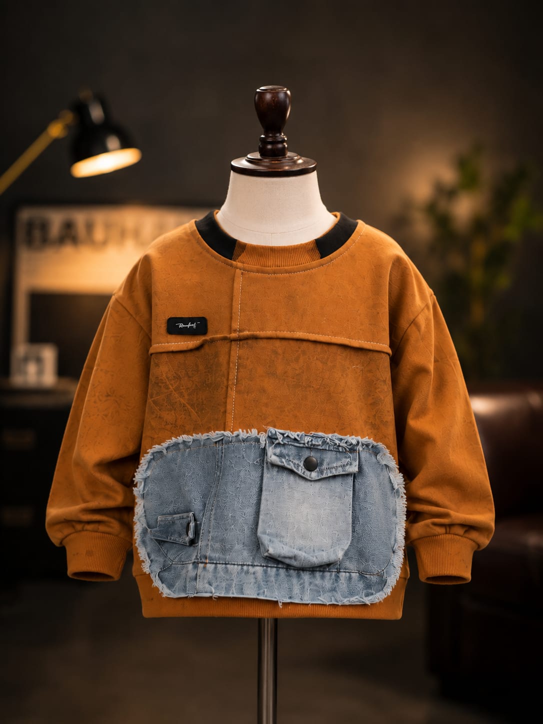 Rust Orange Denim Patch Sweatshirt for Kids | Stylish Full Sleeve Sweatshirt with Large Frayed Denim Utility Pocket | Korean-Inspired Streetwear Winter Fashion