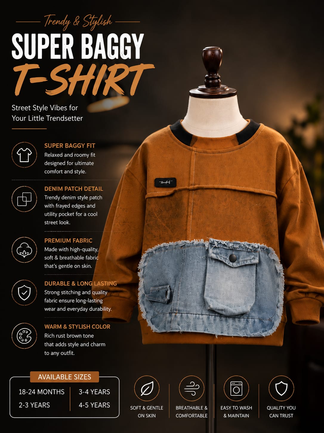 Rust Orange Denim Patch Sweatshirt for Kids | Stylish Full Sleeve Sweatshirt with Large Frayed Denim Utility Pocket | Korean-Inspired Streetwear Winter Fashion