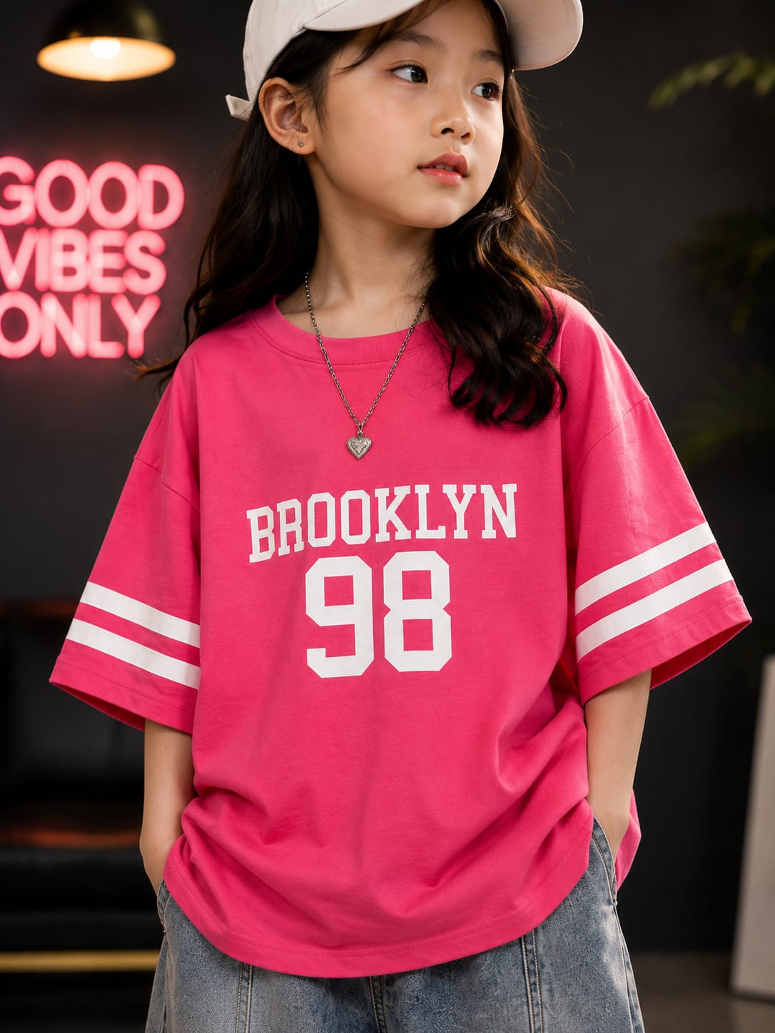 Girls Pink Brooklyn 98 Printed Oversized T-Shirt | Trendy Sports Style Half Sleeve Casual Top for Kids