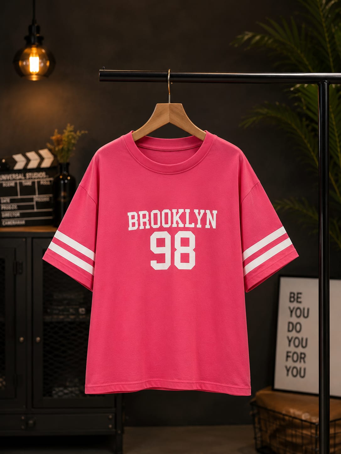 Girls Pink Brooklyn 98 Printed Oversized T-Shirt | Trendy Sports Style Half Sleeve Casual Top for Kids