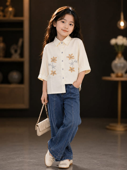 Girls Elegant Floral Embroidered Cotton Shirt | Stylish Half Sleeve Collared Casual Shirt for Kids | Premium Korean-Inspired Fashion | 4–11 Years